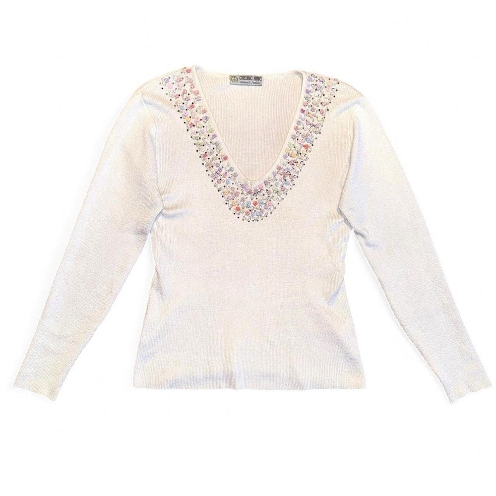 Unique Vintage White V-Neck Sweater with beaded  Embellishments